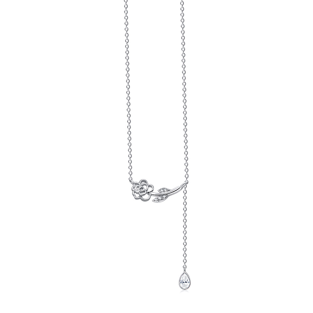 Modern Camellia Flower Necklace with CZ Drop